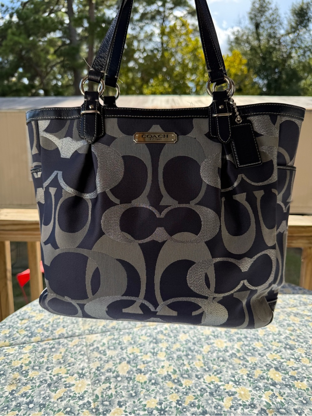 COACH 19675 Gallery Optic C Blue Lurex Patent Leather Shoulder Handbag Tote